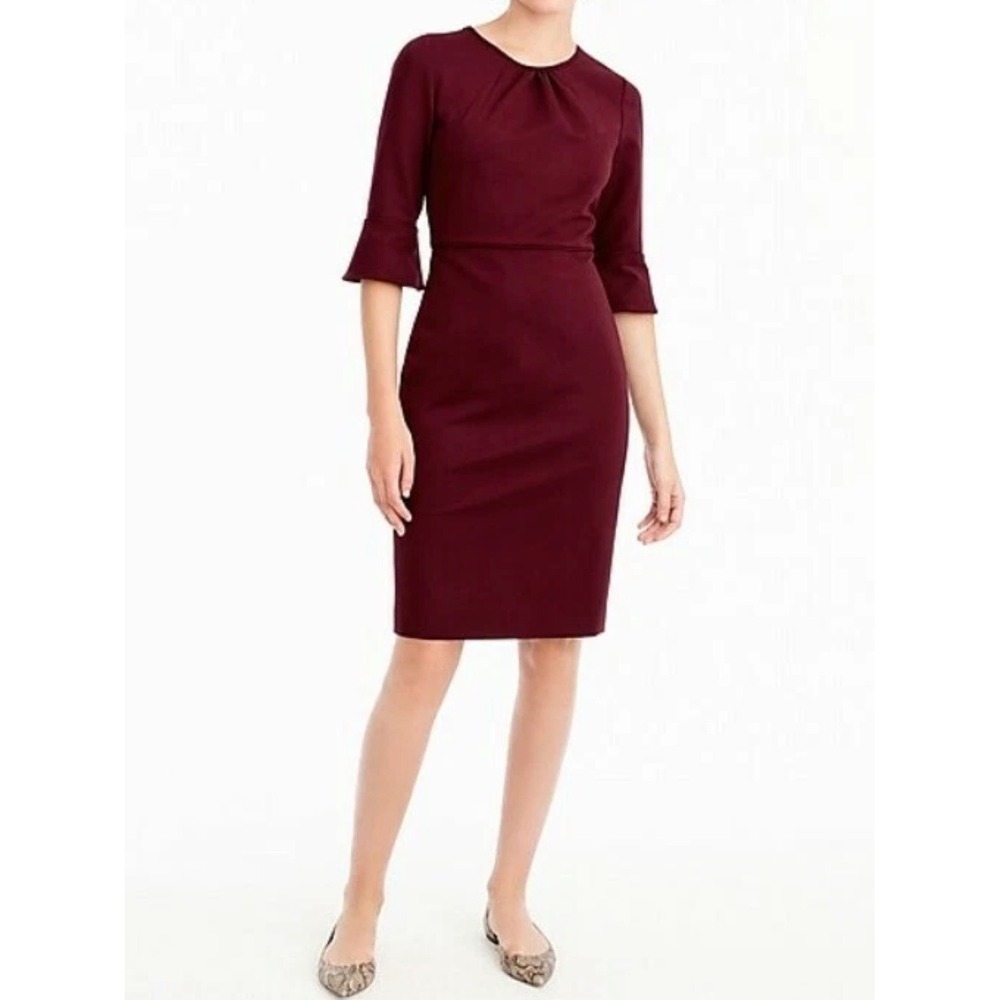 J. Crew Bell-sleeve Sheath Stretch Ponte Dress Cranberry 8 M Burgundy G9476 work